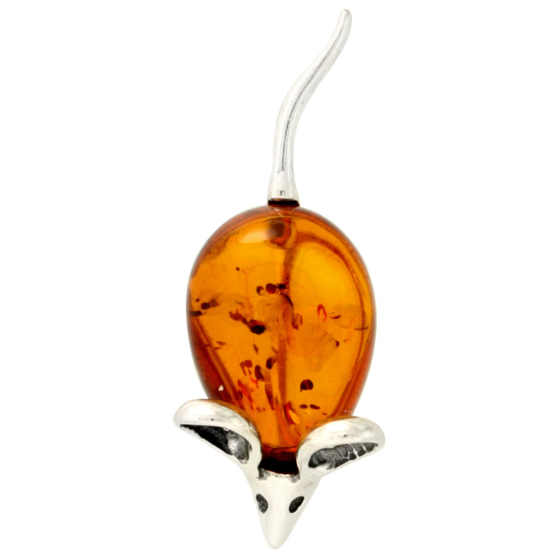 Sterling Silver Mouse Russian Baltic Amber Brooch Pin, 1 7/16 inch wide