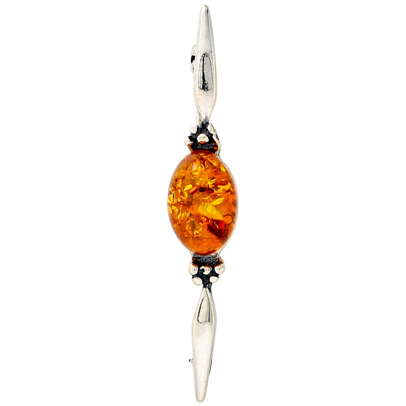 Sterling Silver Oval Cabochon Russian Baltic Amber Brooch Pin, 13/16 inch wide