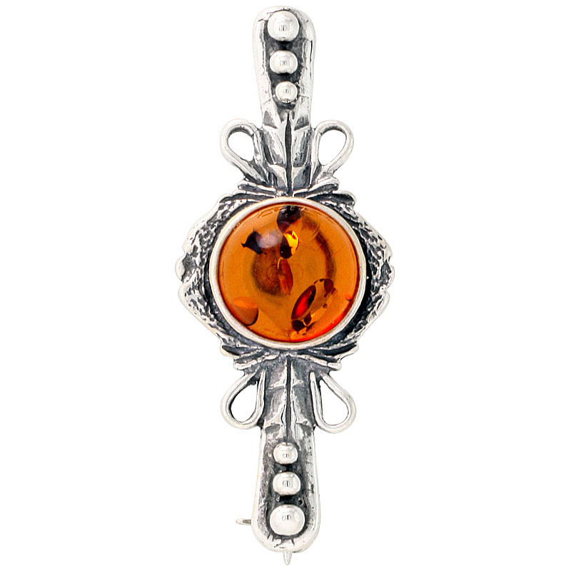 Sterling Silver Round Cabochon Russian Baltic Amber Brooch Pin, 1 9/16 inch wide