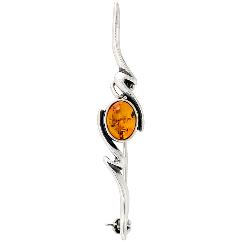 Sterling Silver Oval Cabochon Russian Baltic Amber Brooch Pin, 1 15/16 inch wide