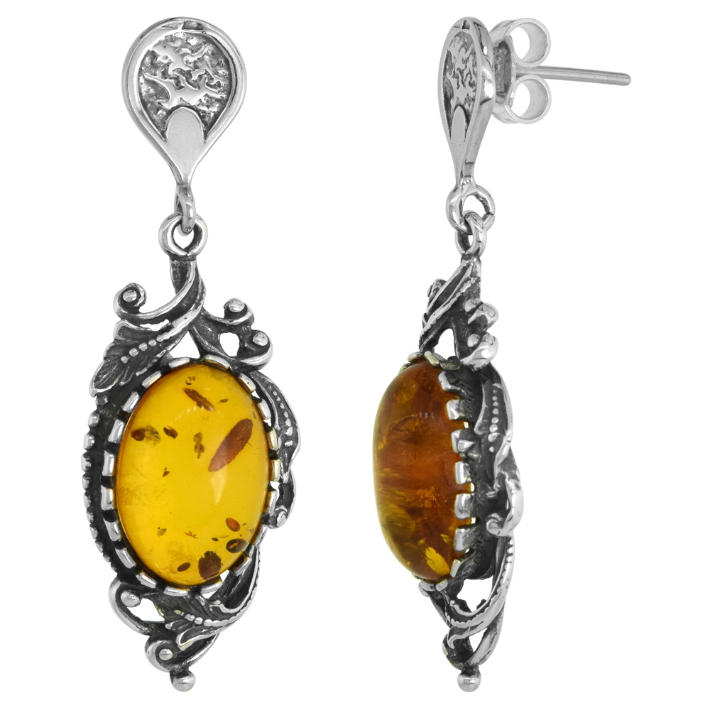 Sterling Silver Swirl Leaf Amber Dangle Earrings Oval, 9/16 inch wide