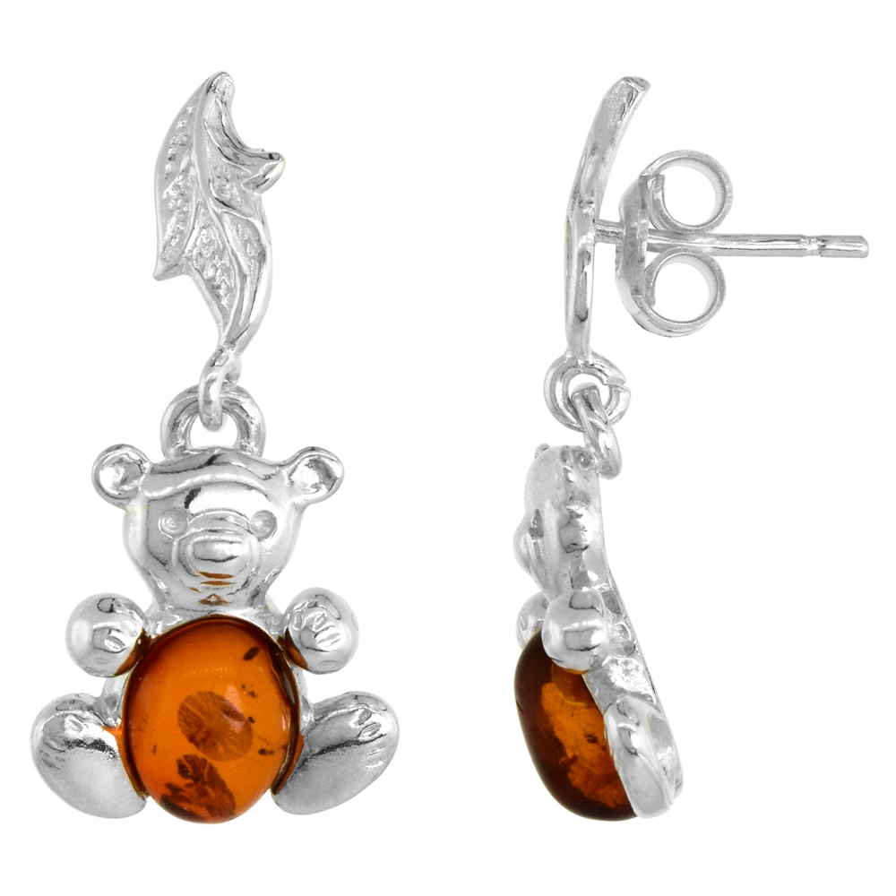 Sterling Silver Amber Dangle Earrings Teddy Bear, 17/32 inch wide