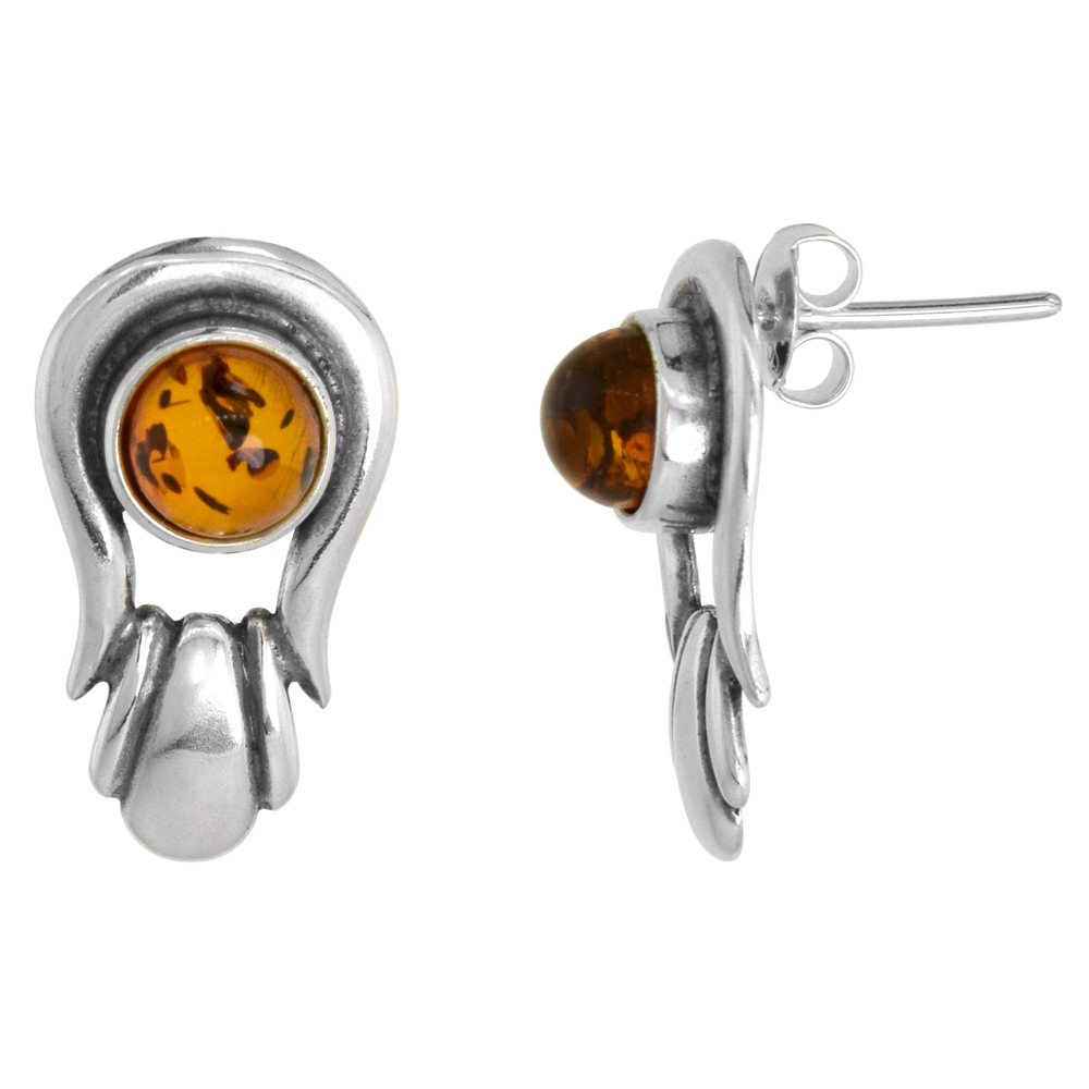 Sterling Silver Amber Earrings Round, 7/16 inch wide