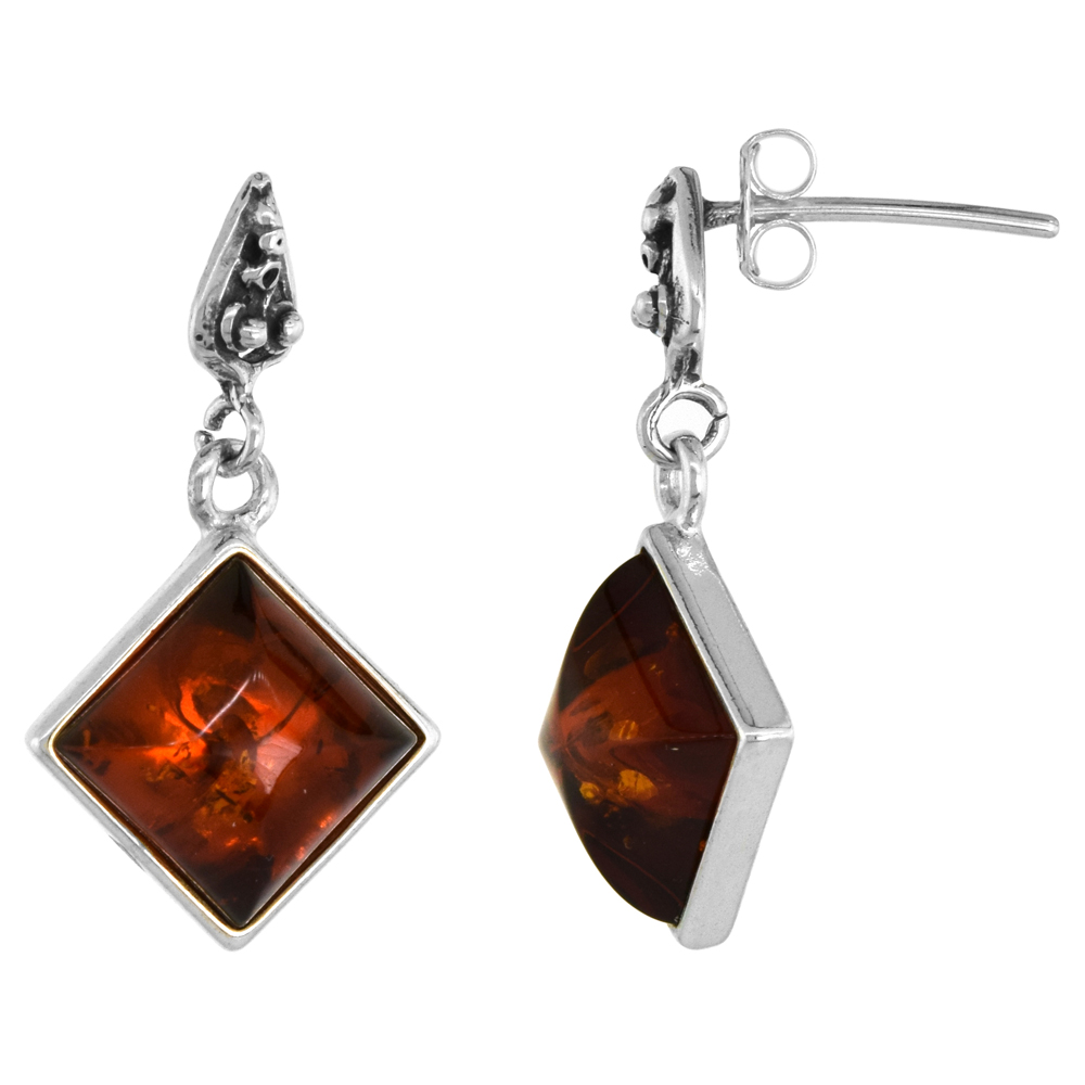 Sterling Silver Rhombic Amber Earrings Thin Frame, 5/8 inch wide