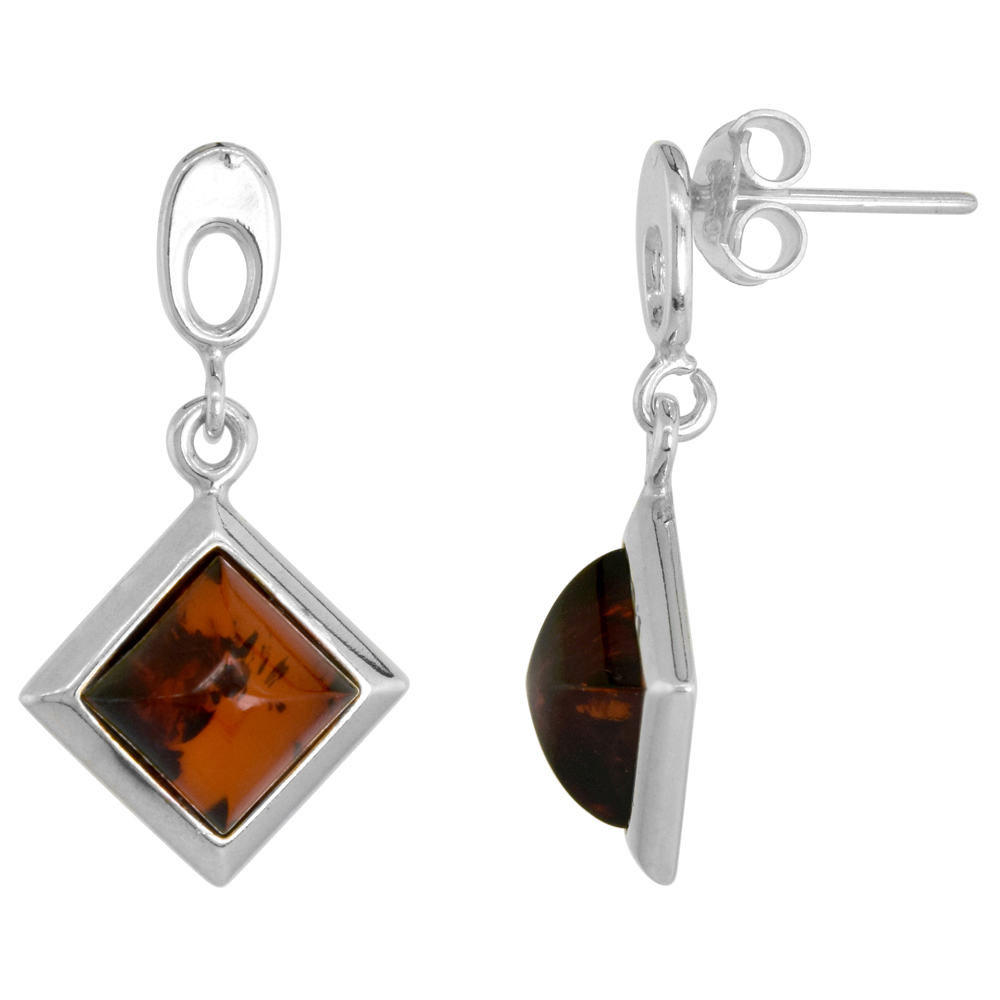 Sterling Silver Rhombic Amber Earrings Thick Frame, 5/8 inch wide