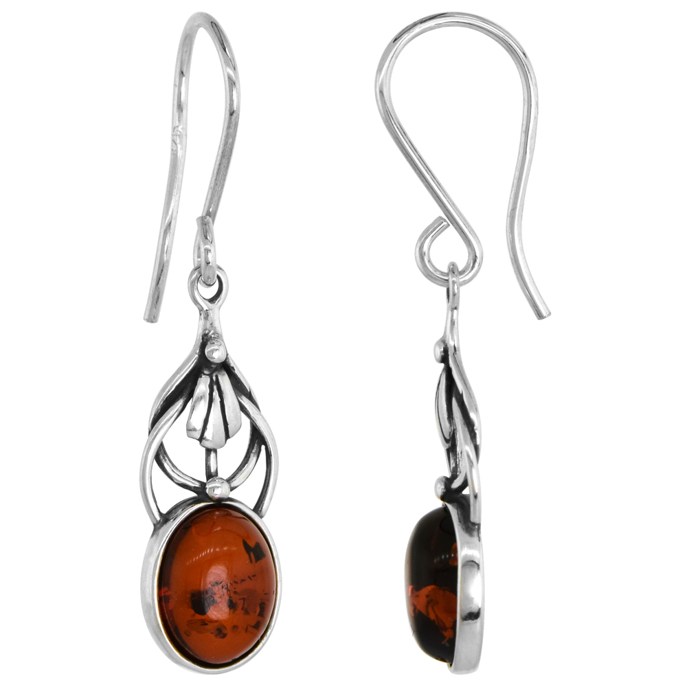 Sterling Silver Celtic Amber Fishhook Earrings Oval, 3/8 inch wide