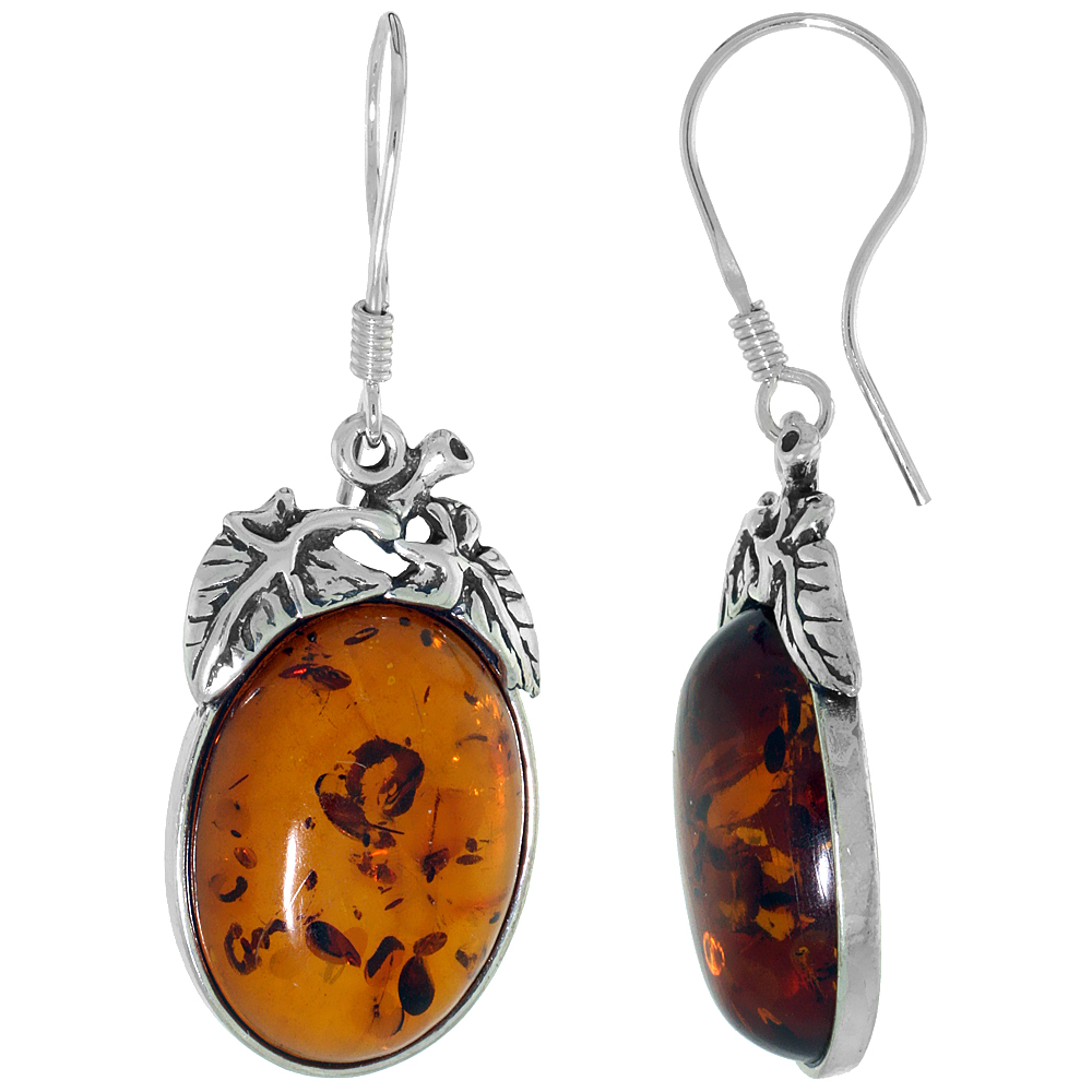 Sterling Silver Amber Hook Earrings Leaf Accents Oval, 5/8 inch wide