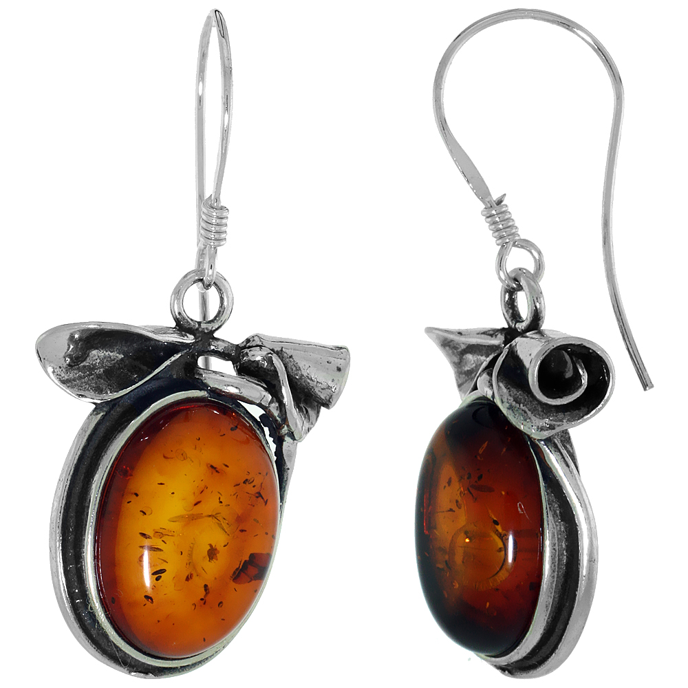 Sterling Silver Amber Hook Earrings Rose Accents Oval, 13/16 inch wide