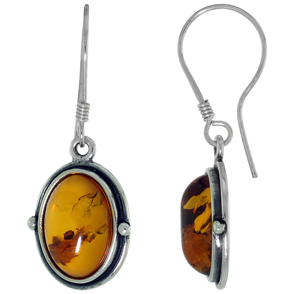 Sterling Silver Amber Hook Earrings Bead Accents Oval, 5/8 inch wide
