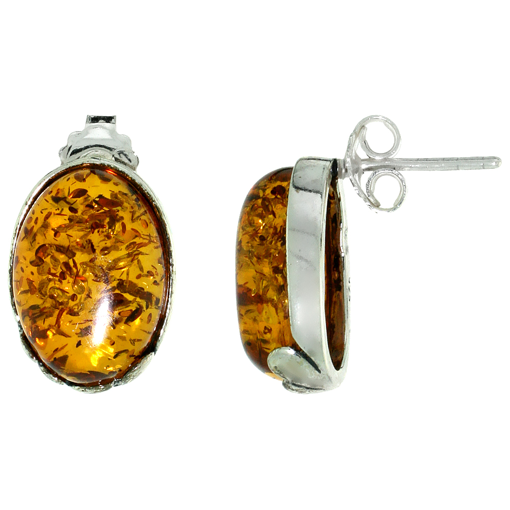 Sterling Silver Amber Post Earrings Leaf Accent Oval, 7/16 inch wide