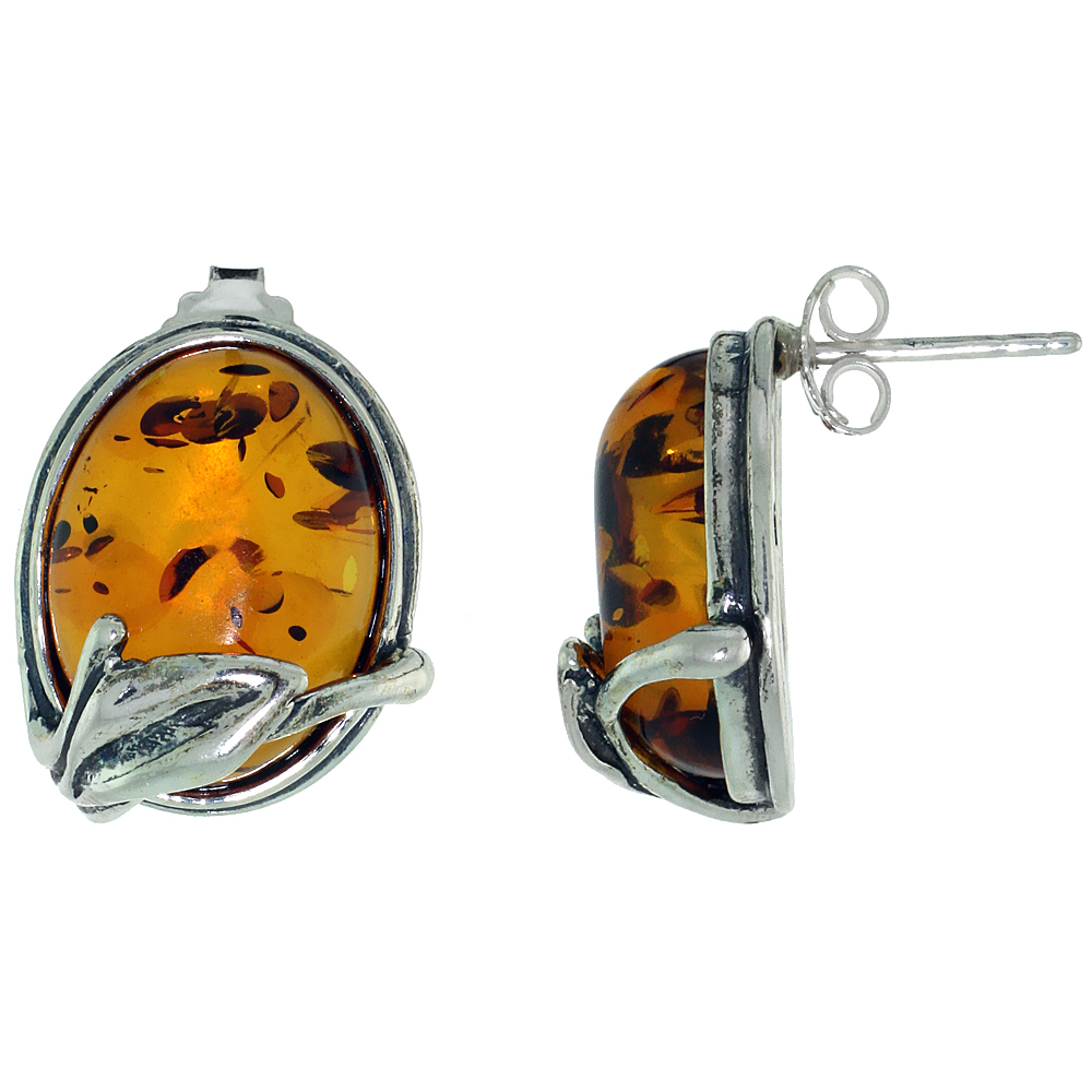 Sterling Silver Amber Post Earrings Leaf Accent Oval, 5/8 inch wide