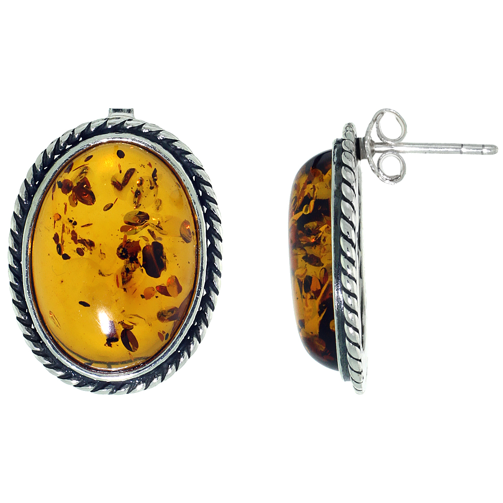 Sterling Silver Amber Post Earrings Coin Edge Accent Oval, 11/16 inch wide