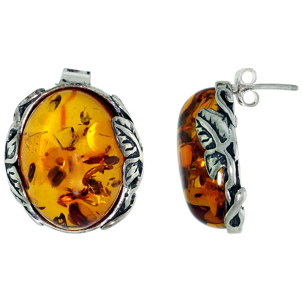 Sterling Silver Amber Post Earrings Leaf Accents Oval, 13/16 inch wide