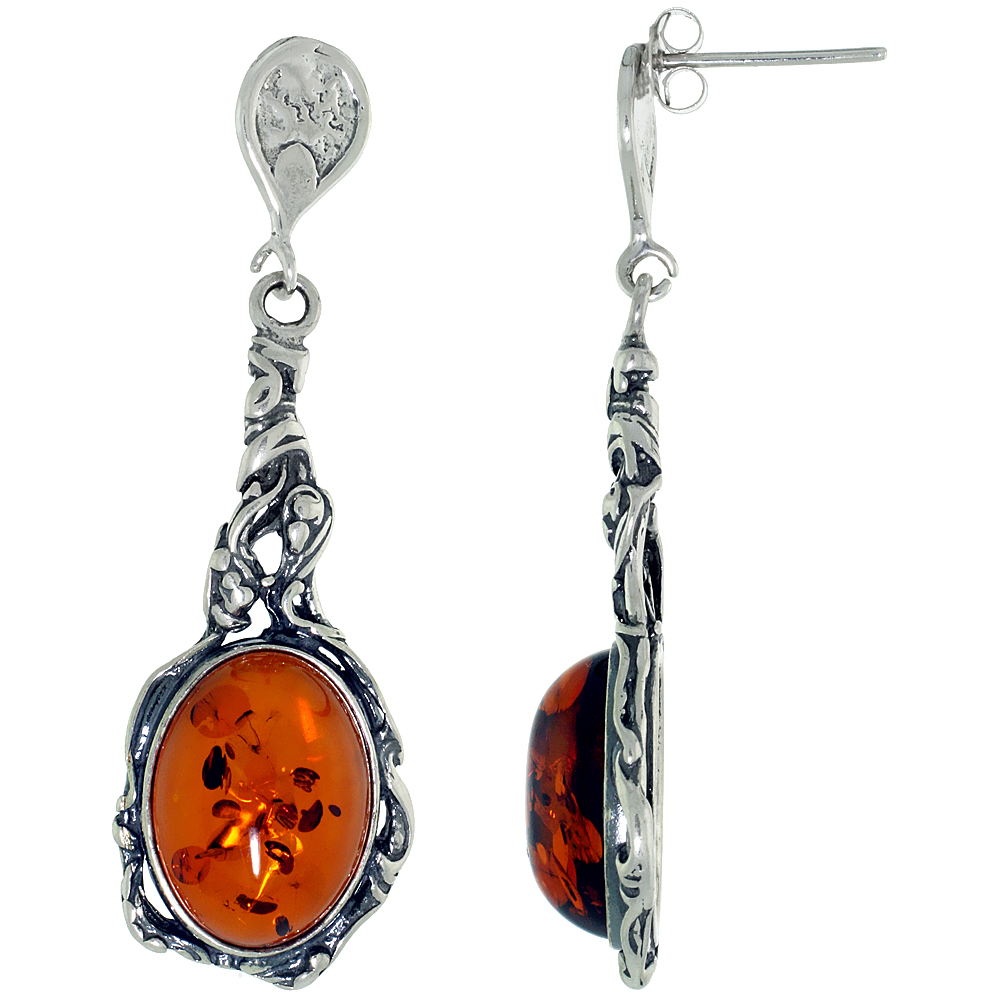 Sterling Silver Amber Dangle Earrings Vine Accent Oval, 5/8 inch wide