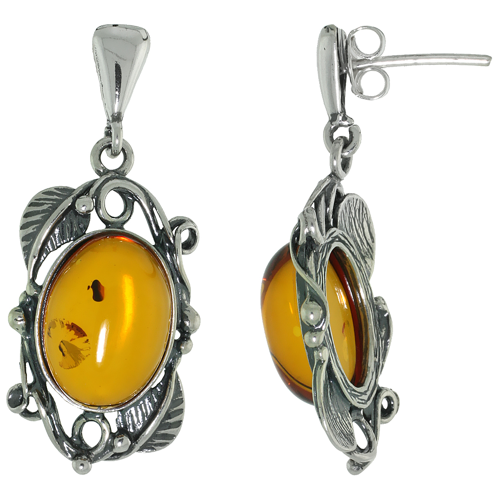 Sterling Silver Amber Dangle Earrings Leaf Accents Oval, 5/8 inch wide