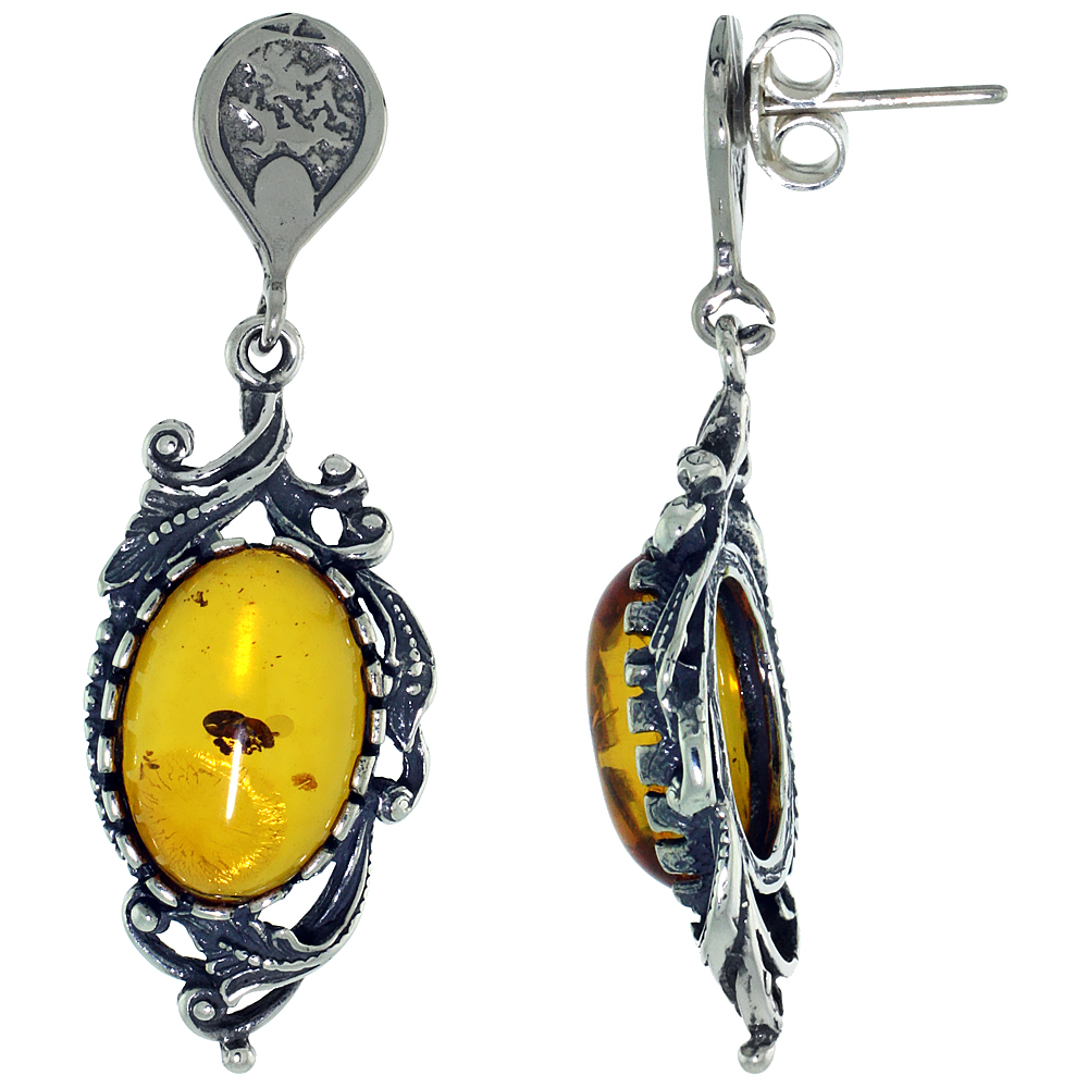 Sterling Silver Amber Dangle Earrings Swirl Leaf Accents Oval, 9/16 inch wide
