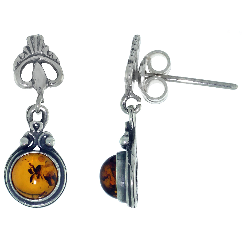 Sterling Silver Amber Dangle Earrings Leaf Accent Round, 5/16 inch wide