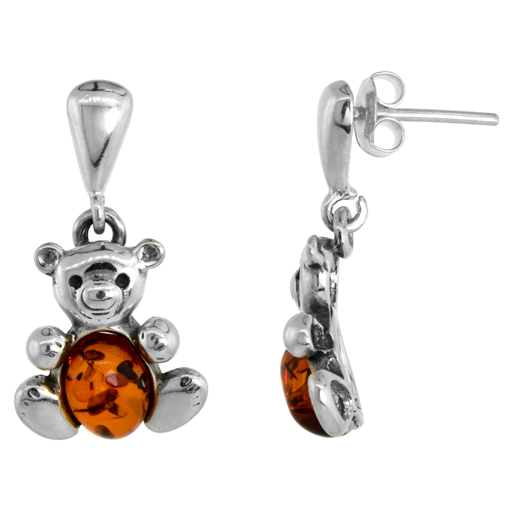 Sterling Silver Amber Dangle Earrings Teddy Bear, 17/32 inch wide
