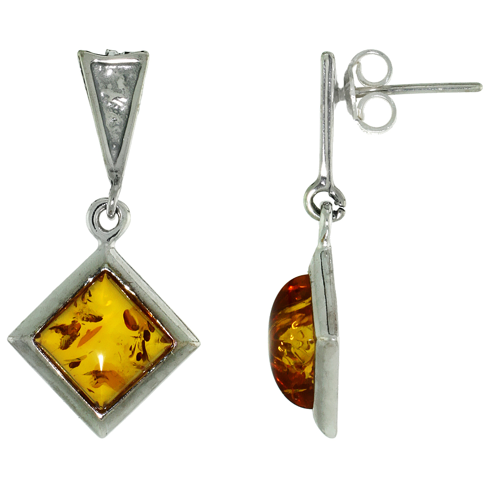 Sterling Silver Amber Dangle Earrings Rhombic, 19/32 inch wide