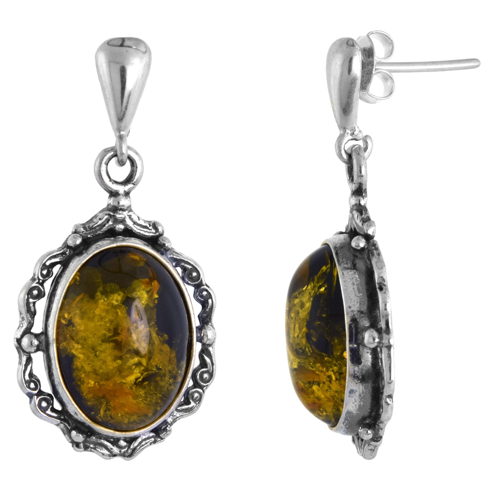 Sterling Silver Swirl Frame Green Amber Dangle Earrings Oval, 11/16 inch wide