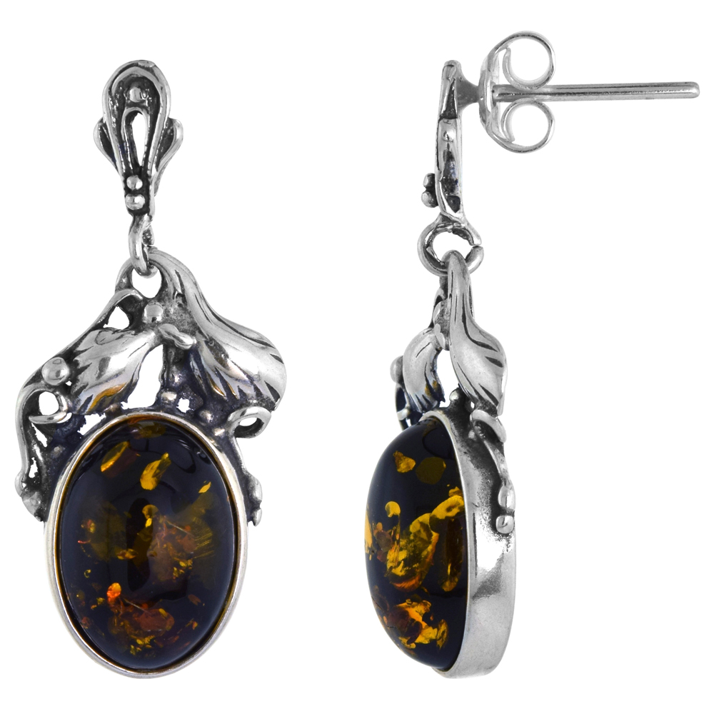 Sterling Silver Leaf Green Amber Dangle Earrings Oval, 7/16 inch wide