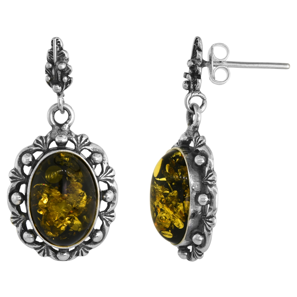 Sterling Silver Floral Outline Green Amber Dangle Earrings Oval, 11/16 inch wide