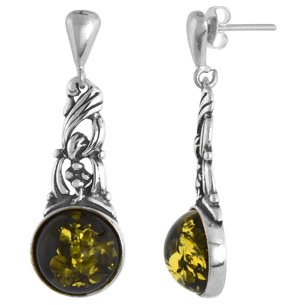 Sterling Silver Knotted Green Amber Dangle Earrings Round, 1/2 inch wide
