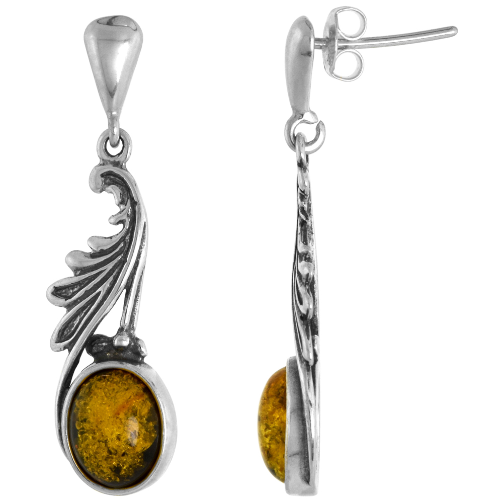 Sterling Silver Wings Amber Dangle Earrings Oval, 1/2 inch wide