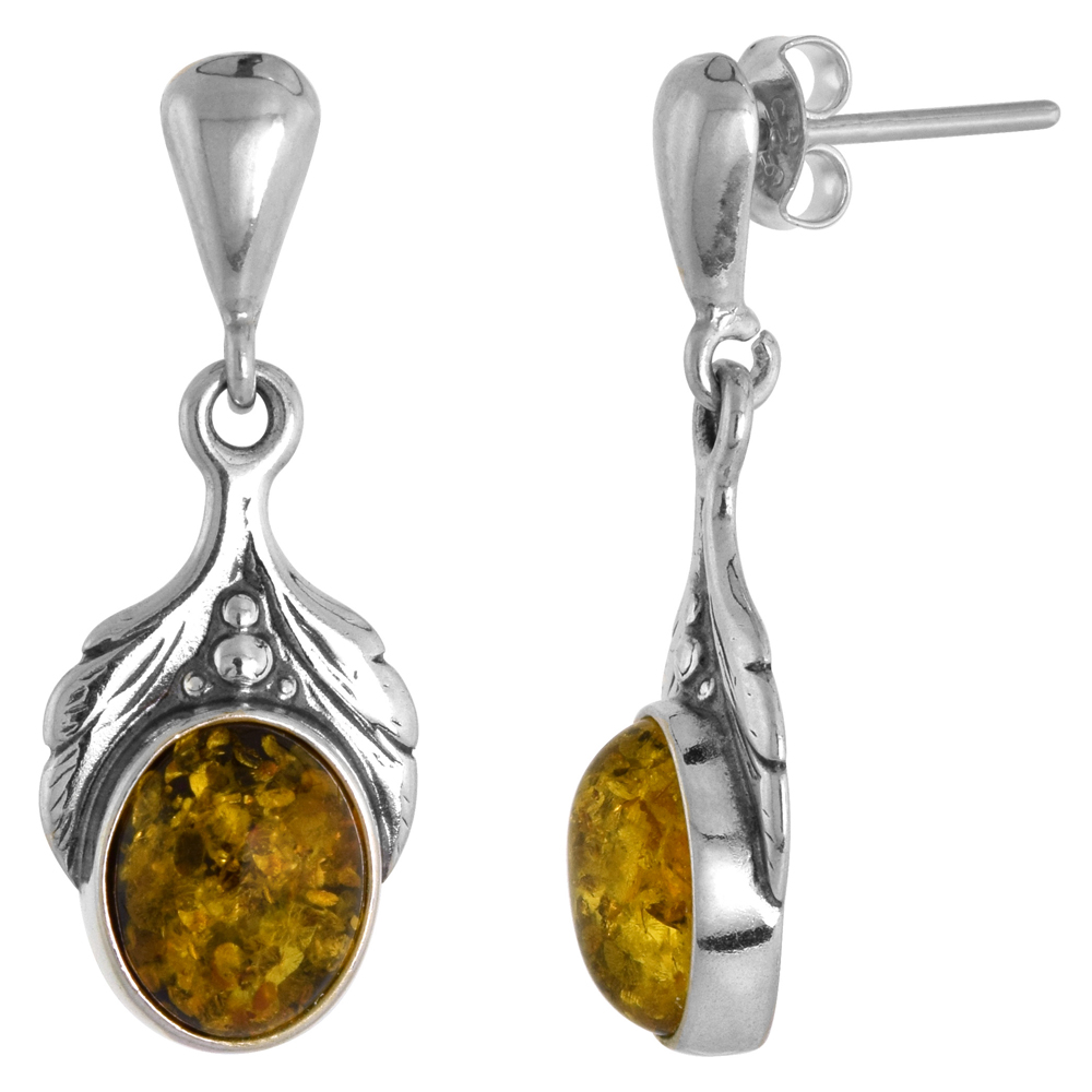 Sterling Silver Parted Leaf Amber Dangle Earrings Oval, 7/16 inch wide