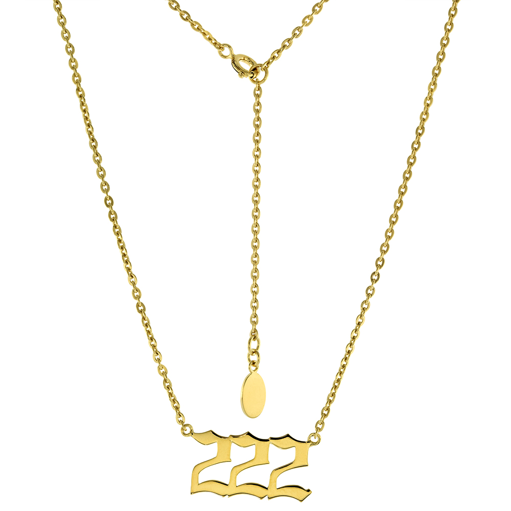 Gold Plated Sterling Silver Numerology Angel Number Necklace 222 for Women Non Tarnish 1 inch wide fits 16-18 inches