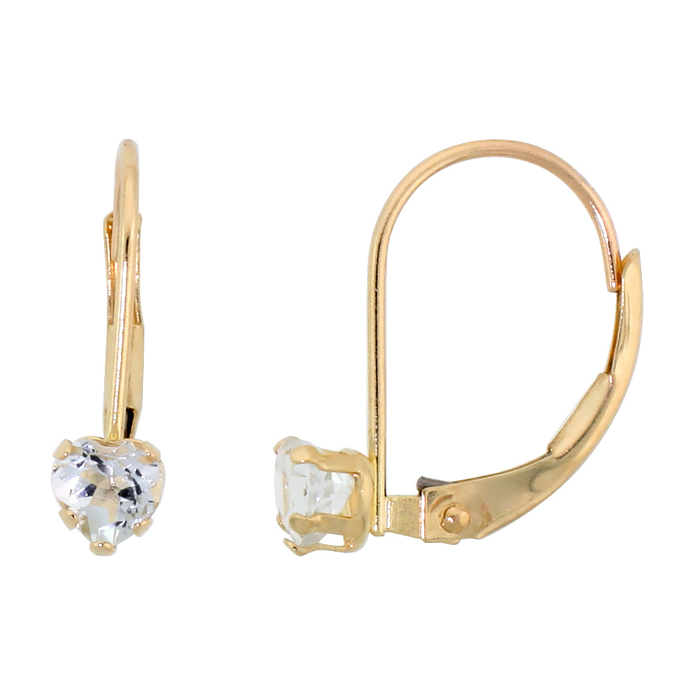 10K YELLOW GOLD NATURAL AQUAMARINE HEART LEVERBACK EARRINGS 4MM MARCH BIRTHSTONE, 9/16 INCH LONG