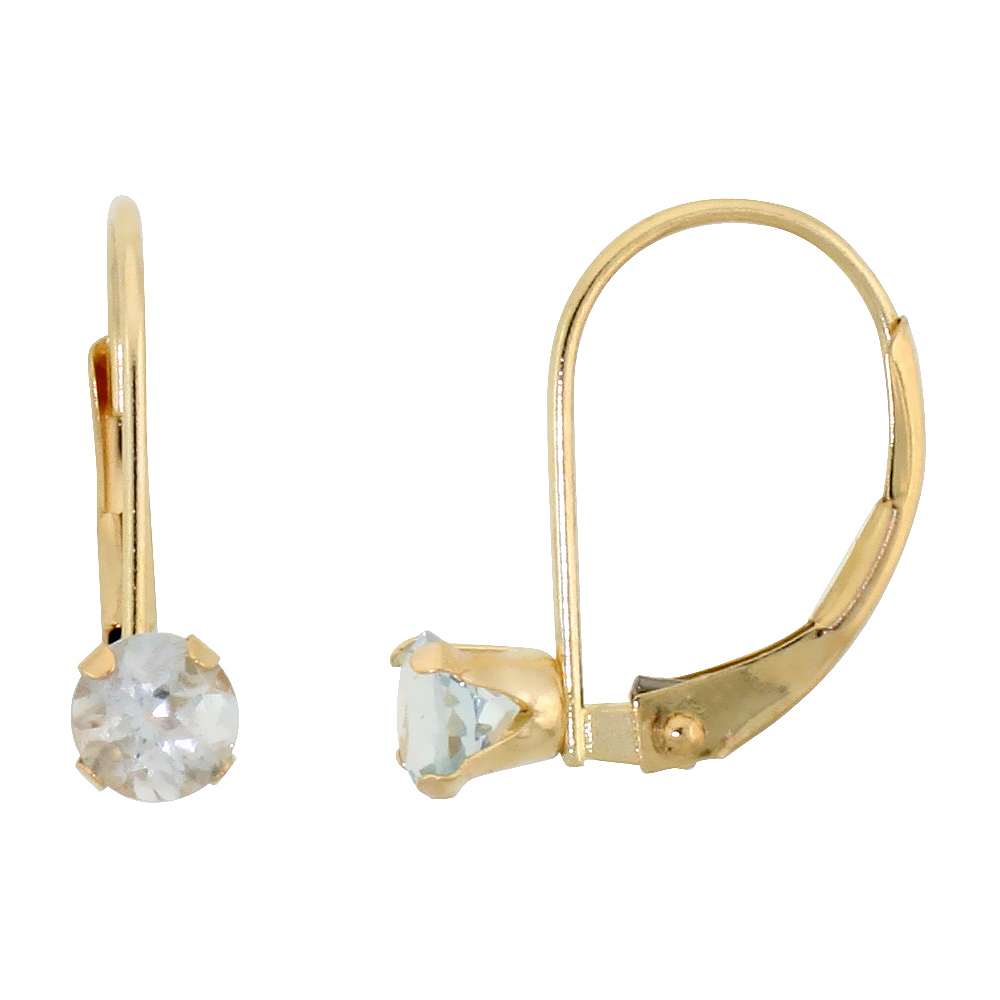 10K YELLOW GOLD NATURAL AQUAMARINE LEVERBACK EARRINGS 1/2 CT BRILLIANT CUT MARCH BIRTHSTONE, 9/16 INCH LONG