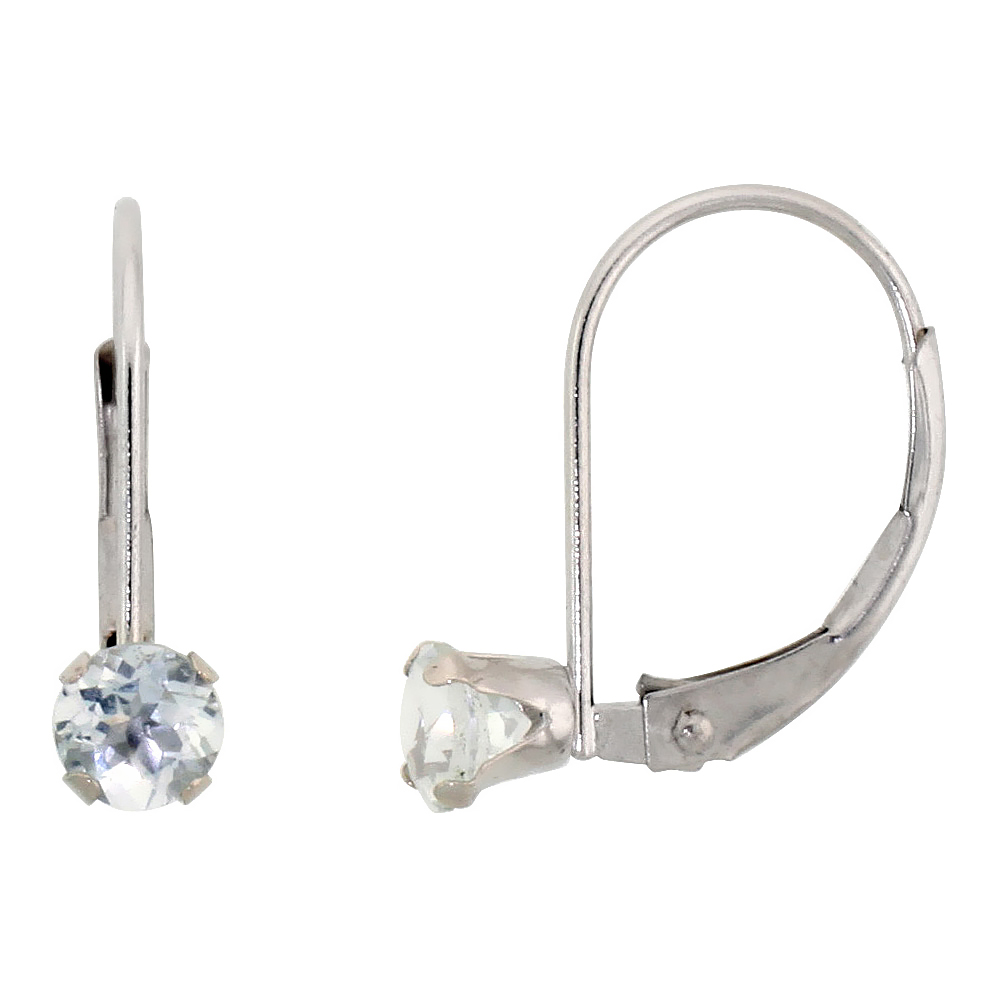 10K WHITE GOLD NATURAL AQUAMARINE LEVERBACK EARRINGS 1/2 CT BRILLIANT CUT MARCH BIRTHSTONE, 9/16 INCH LONG