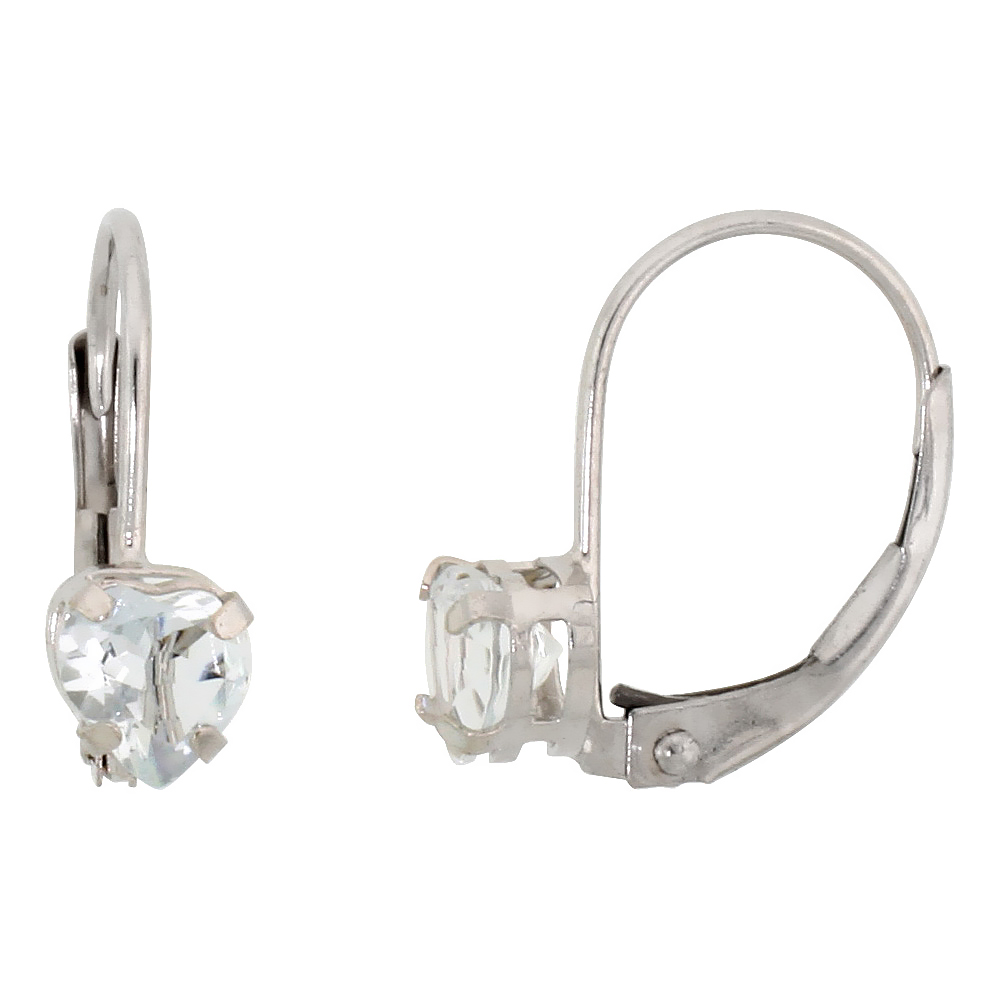 10K WHITE GOLD NATURAL AQUAMARINE HEART LEVERBACK EARRINGS 5MM MARCH BIRTHSTONE, 9/16 INCH LONG