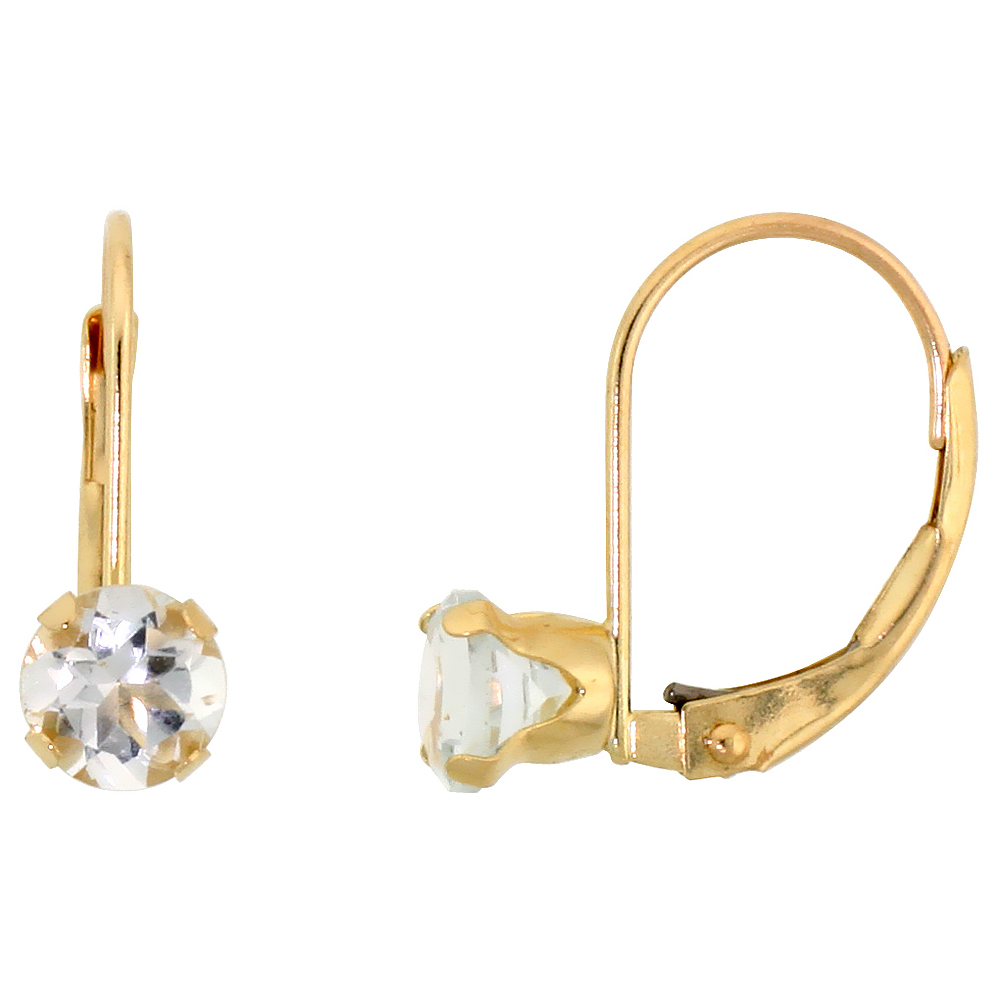 10K YELLOW GOLD NATURAL AQUAMARINE LEVERBACK EARRINGS 5MM BRILLIANT CUT MARCH BIRTHSTONE, 9/16 INCH LONG