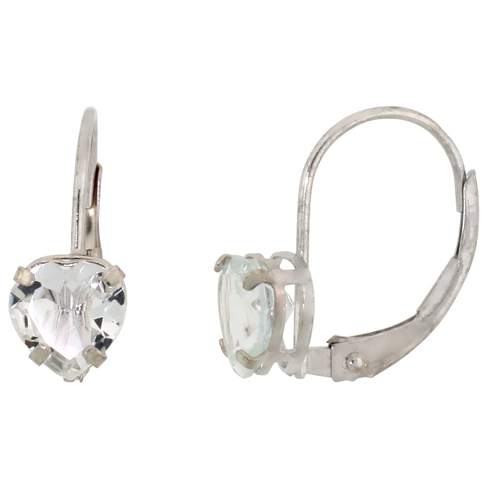 10K WHITE GOLD NATURAL AQUAMARINE HEART LEVERBACK EARRINGS 6MM MARCH BIRTHSTONE, 9/16 INCH LONG
