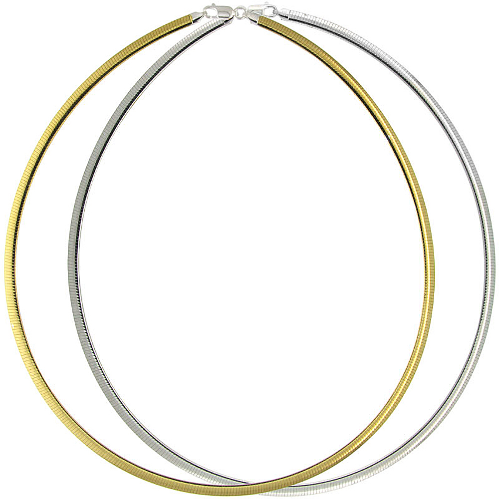 TWO TONE STERLING SILVER 4MM REVERSIBLE OMEGA NECKLACE FOR WOMEN NICKEL FREE ITALY 3/16 INCH WIDE, SIZES 16- 18 INCH