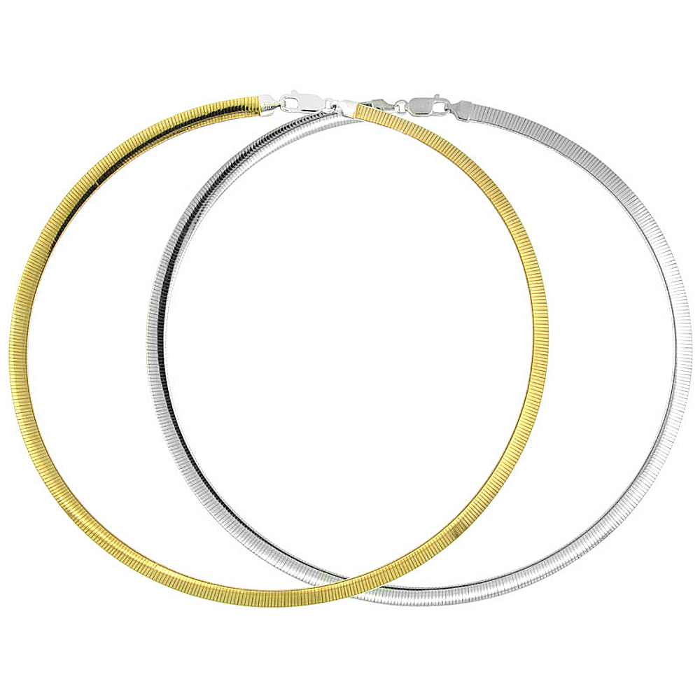 STERLING SILVER 2-TONE DOUBLE-SIDED 6.0 MM OMEGA CHAIN NECKLACE, GOLD FINISH ON 1 SIDE