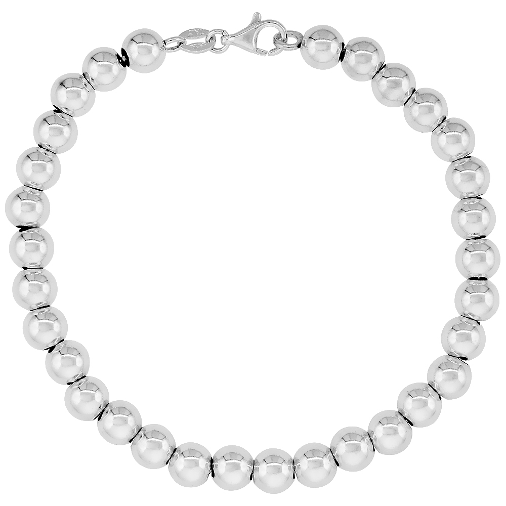 STERLING SILVER BEAD NECKLACE AND BRACELET 6MM PLAIN ITALY, SIZES 7 - 20 INCH