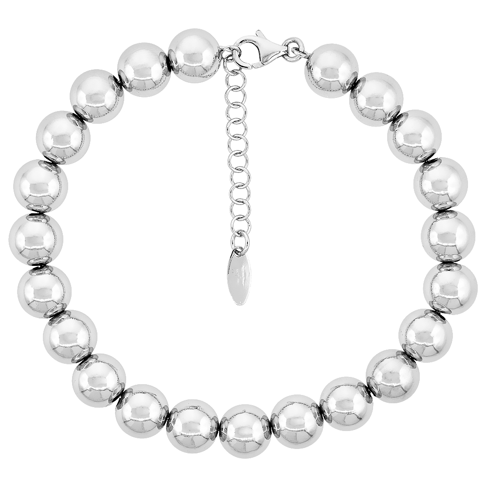 Sterling Silver Bead Bracelet 8mm Plain Rhodium Finish Italy, 7 inches long + 1 inch extension