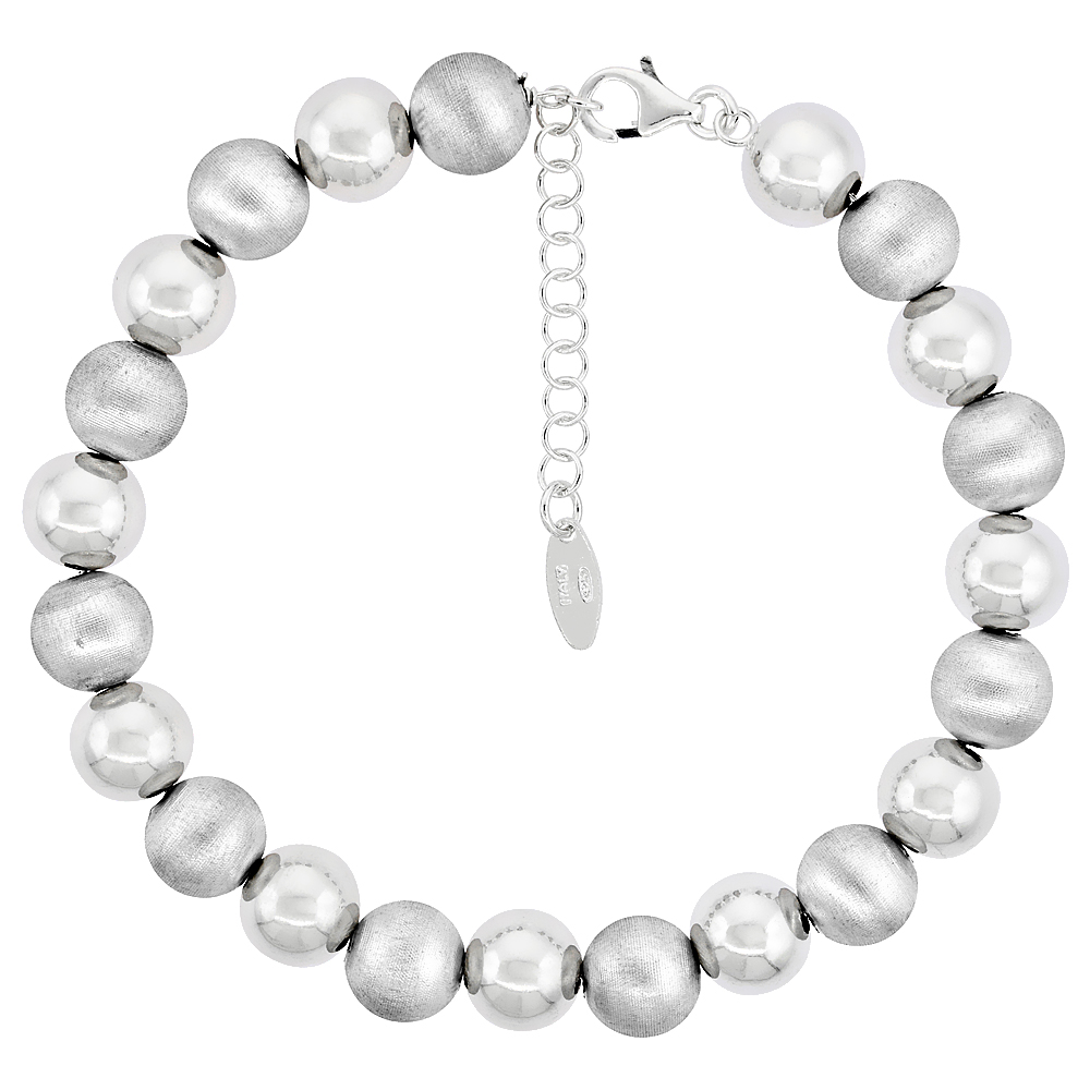 Sterling Silver Bead Bracelet 8mm Pearlised Rhodium Finish Italy, 7 inch + 1 inch extension