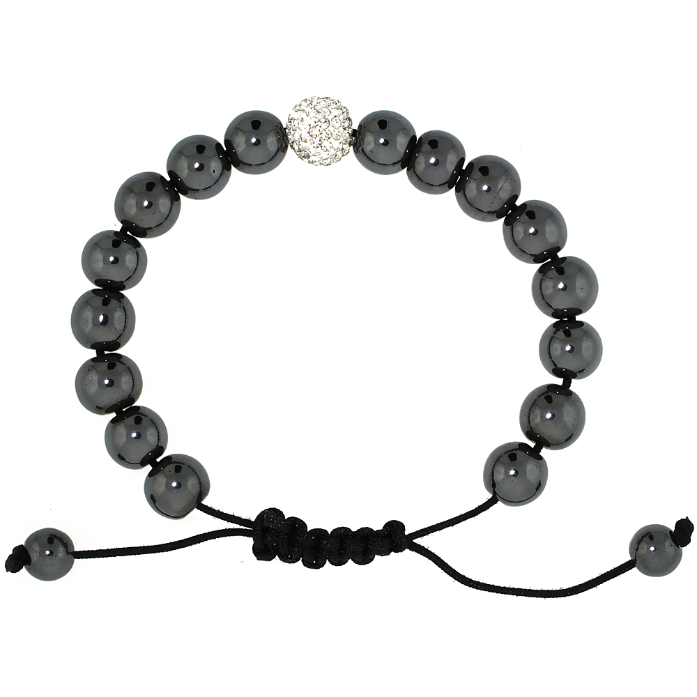 10mm Shamballa Inspired Hematite Bead Bracelet Tibetan Macrame Crystal Ball, 7- 8 inch