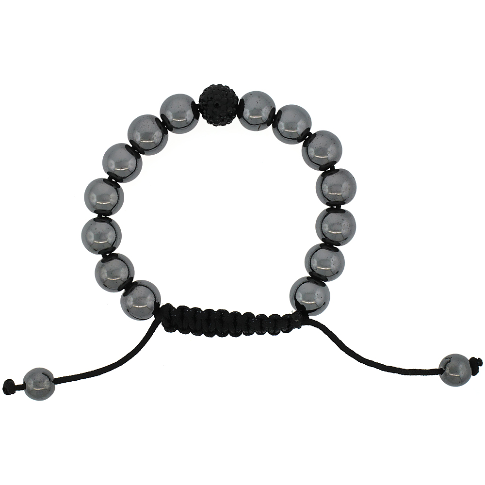 10mm Shamballa Inspired Hematite Bead Bracelet Tibetan Macrame Black Crystal Ball, 7- 8 inch
