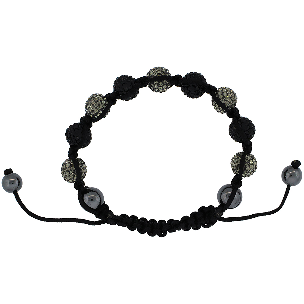 10mm Shamballa Inspired Gray &amp; Black Crystal Ball Bracelet Tibetan Macrame with Hematite Beads, 7- 8 inch