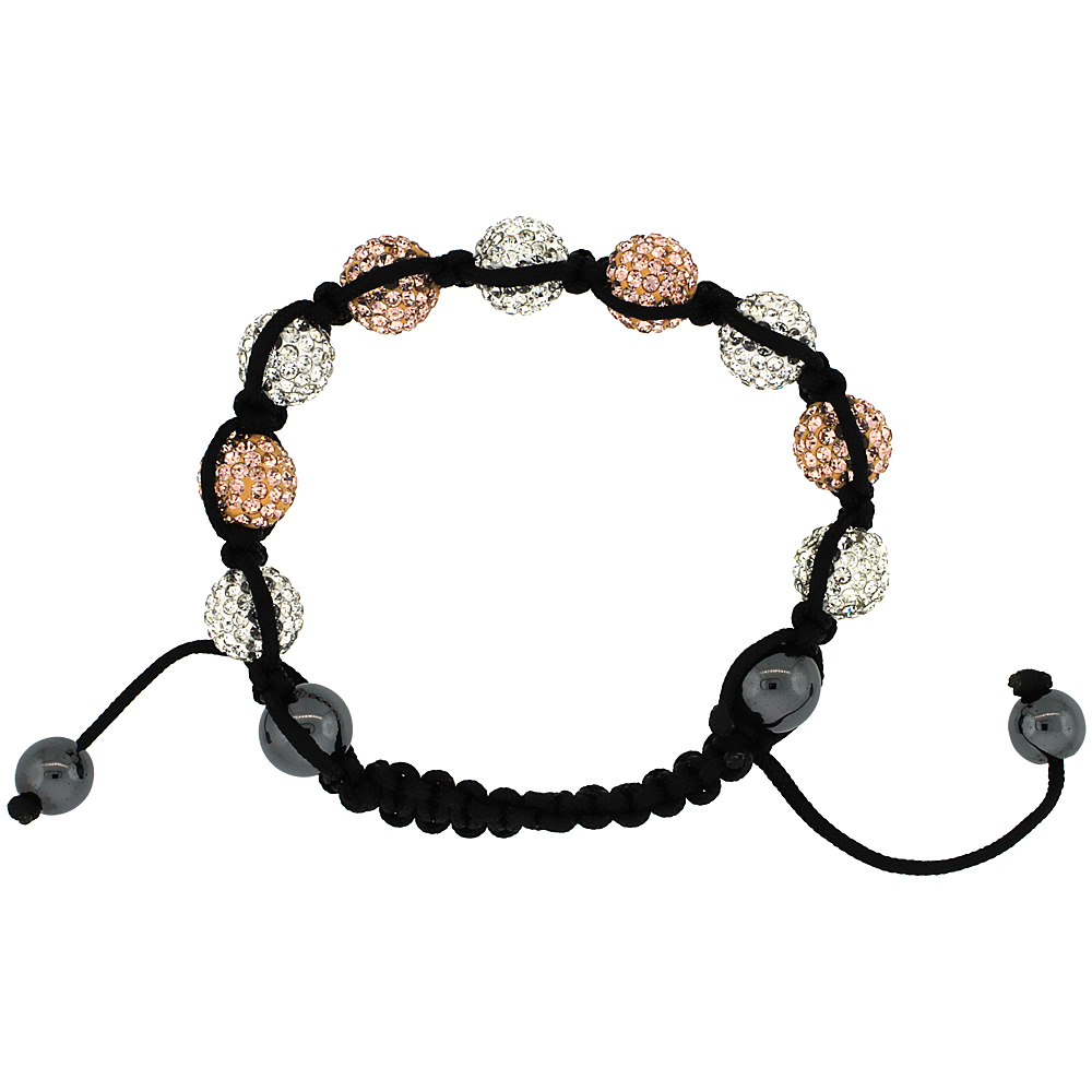 10mm Shamballa Inspired Peach &amp; White Crystal Ball Bracelet Tibetan Macrame with Hematite Beads, 7-8 inch