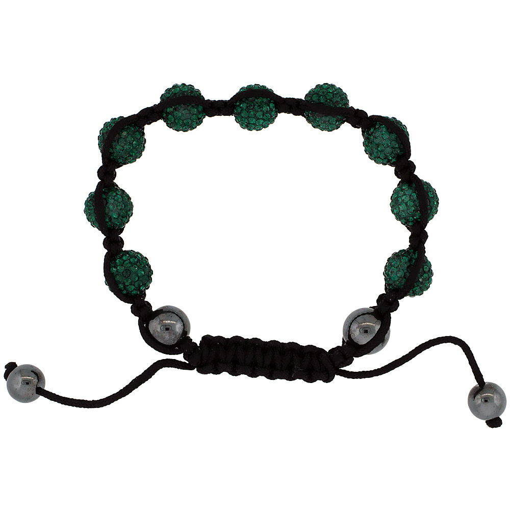 10mm Shamballa Inspired Emerald Green Crystal Ball Bracelet Tibetan Macrame with Hematite Beads, 7-8 inch