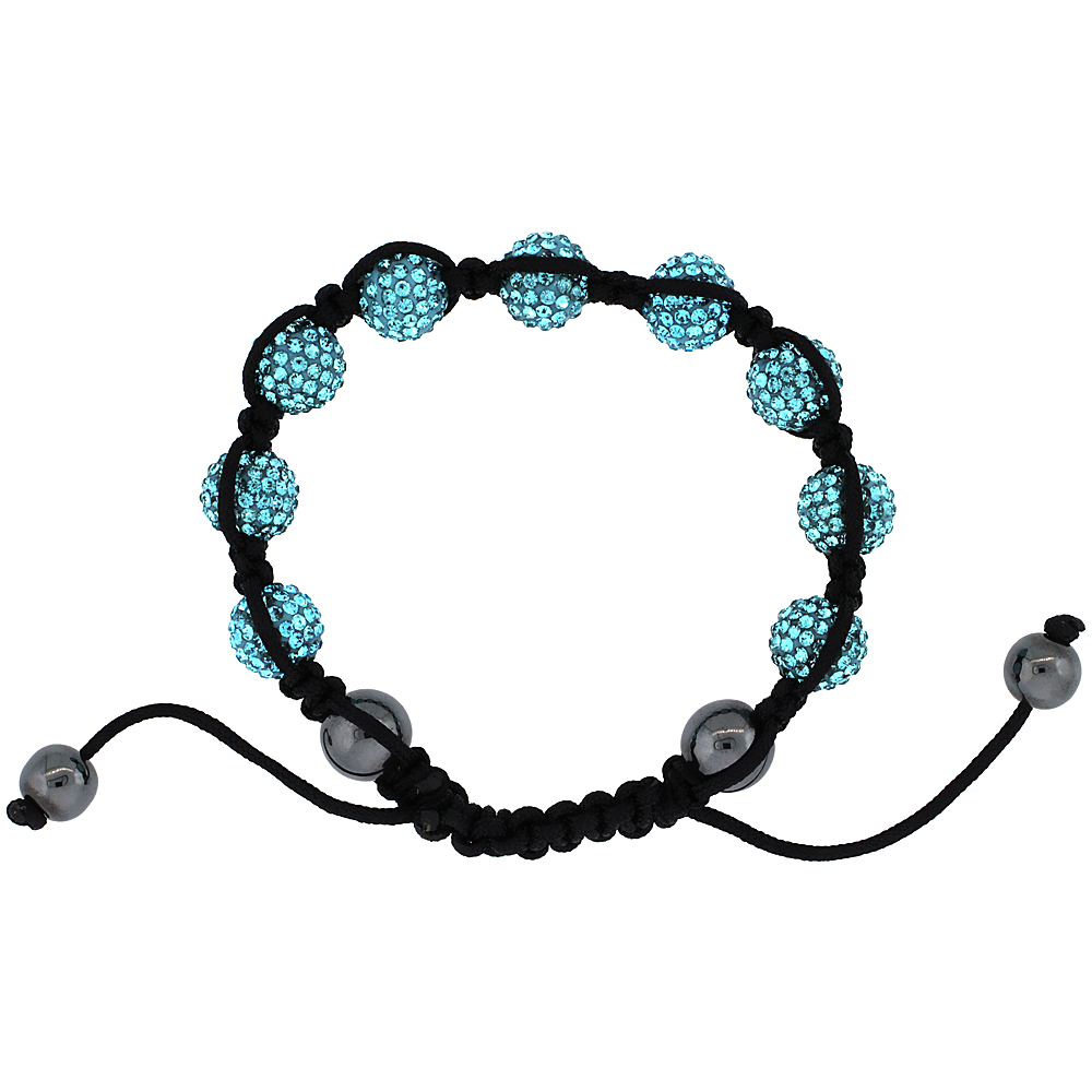 10mm Shamballa Inspired Aquamarine Blue Crystal Ball Bracelet Tibetan Macrame Hematite Beads, 7-8 inch