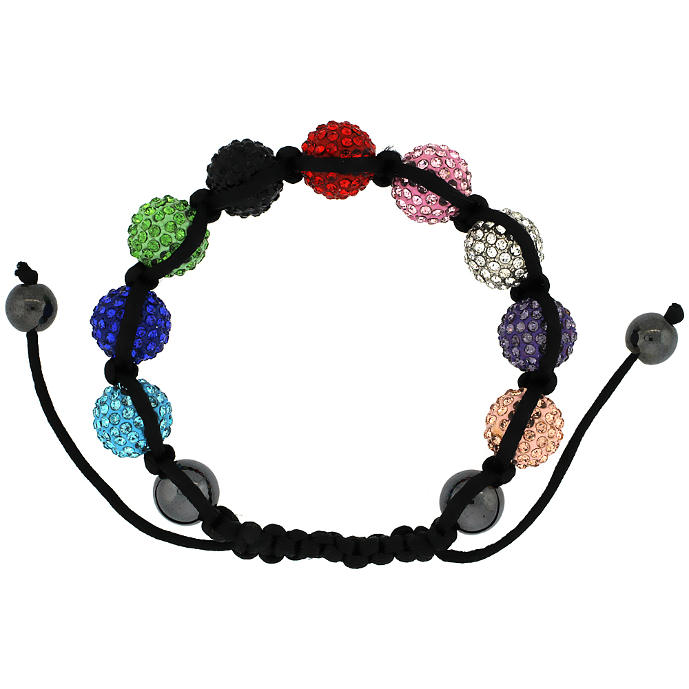 12mm Shamballa Inspired Multi Color Crystal Ball Bracelet Tibetan Macrame with Hematite Beads, 7- 8 inch