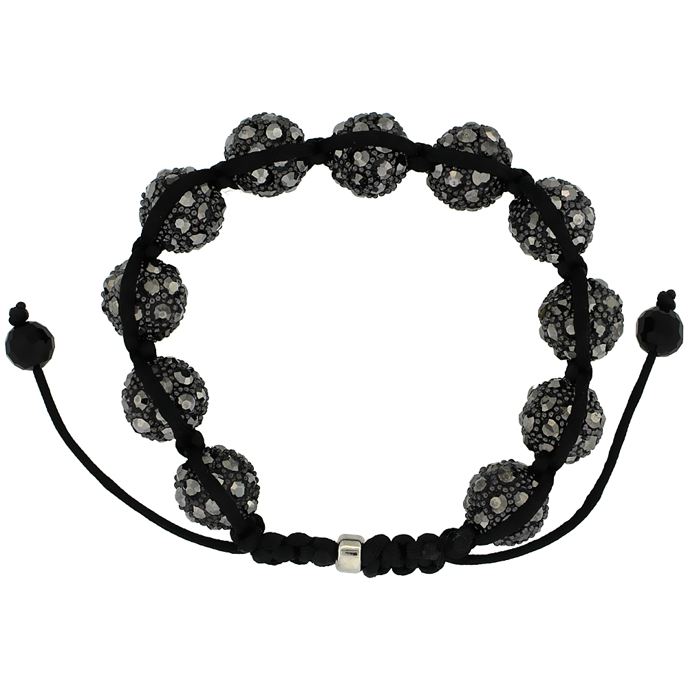 12mm Shamballa Inspired Black Crystal Ball Bracelet Tibetan Macrame with Hematite Beads, 8- 9 inch