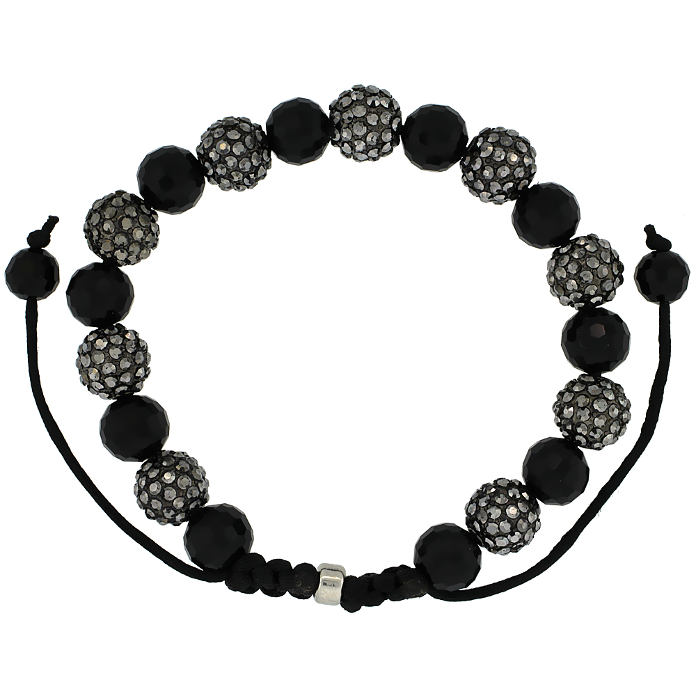 10mm Shamballa Inspired Black Crystal Ball Bracelet Tibetan Macrame with Faceted Black Beads, 8- 9 inch